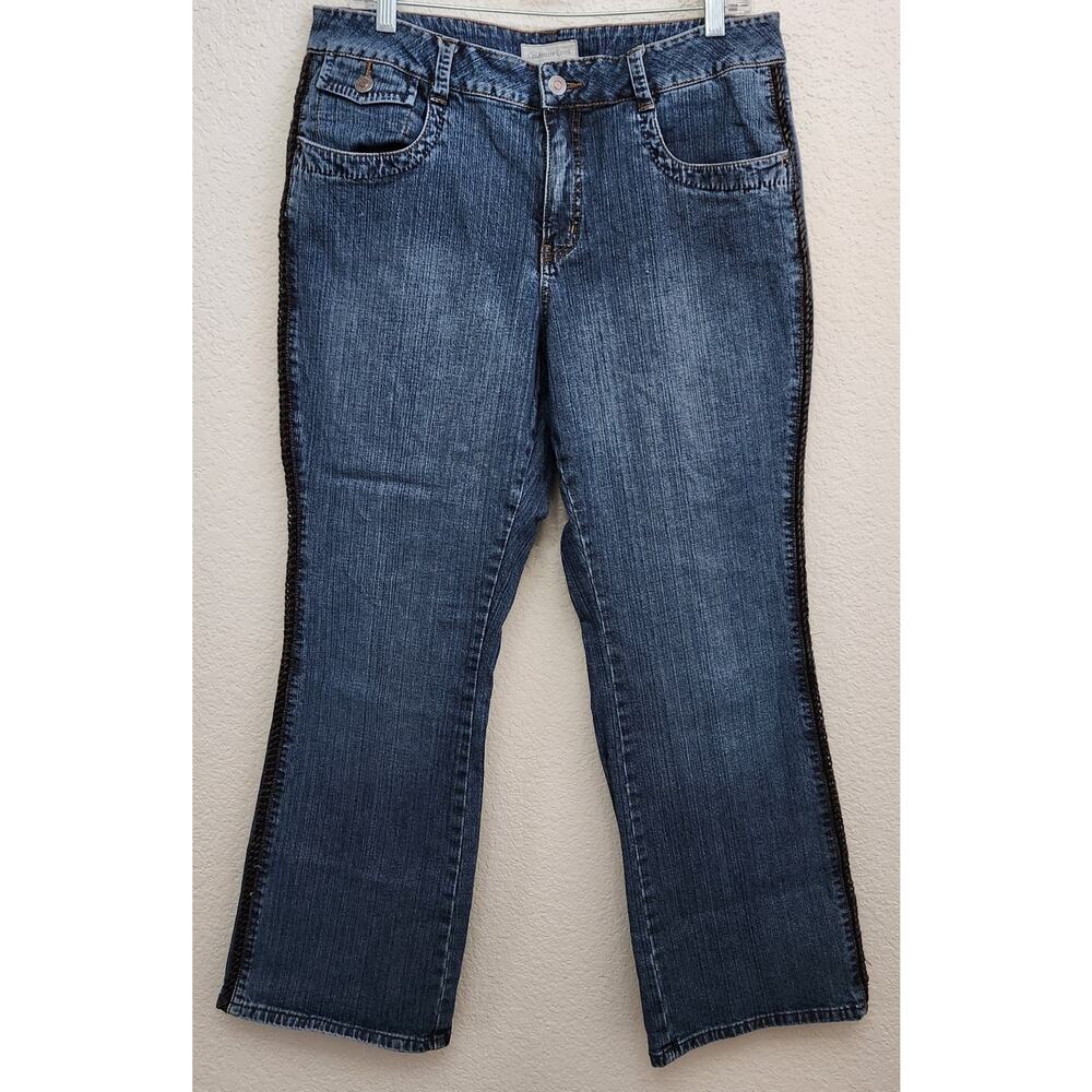 Coldwater Creek Blue Black Leather "Braided Look" Seams Jeans 14P Lightweight